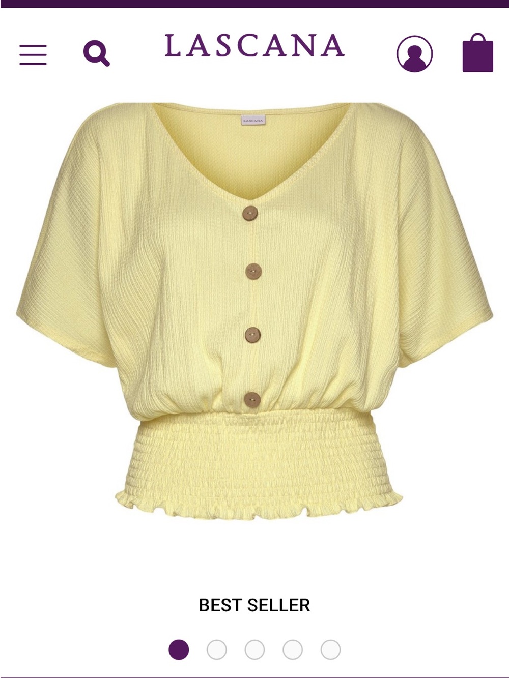 Lascana ~ 
Yellow Button-Front Smocked Hem Top 
size Large EU: 40/42